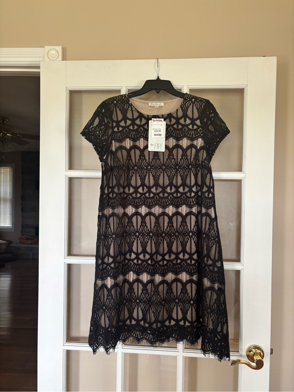 love, Fire Black Lace Midi Dress over Nude Lining